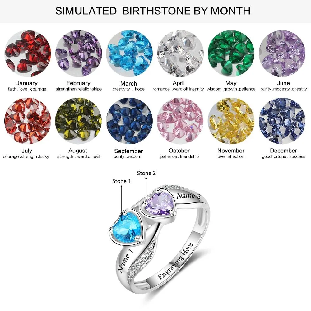 Heart Birthstone Personalized Engrave Name Promise Ring 925 Sterling Silver Anniversary Jewelry Gift For Her