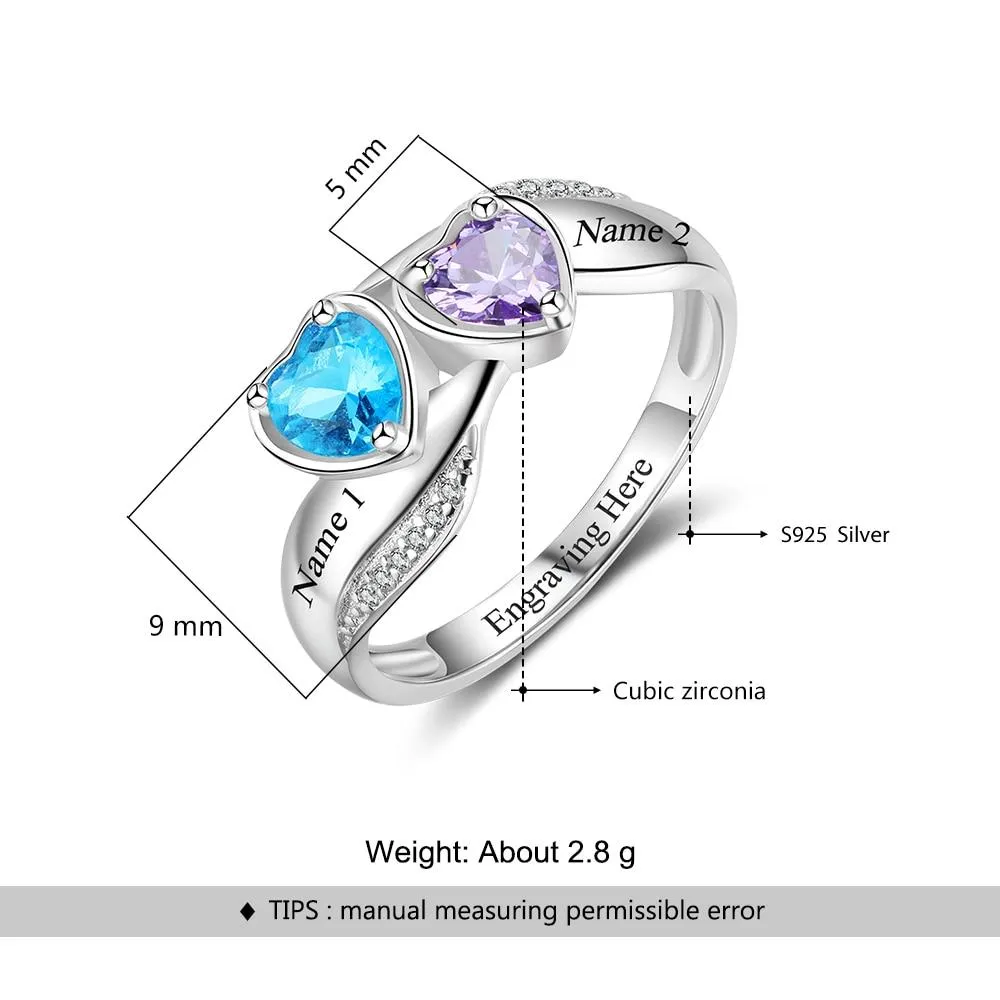 Heart Birthstone Personalized Engrave Name Promise Ring 925 Sterling Silver Anniversary Jewelry Gift For Her