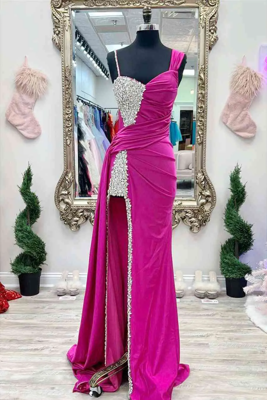 Hot Fuchsia Beaded Prom Dresses 2024 Long Sweetheart Formal Evening dress