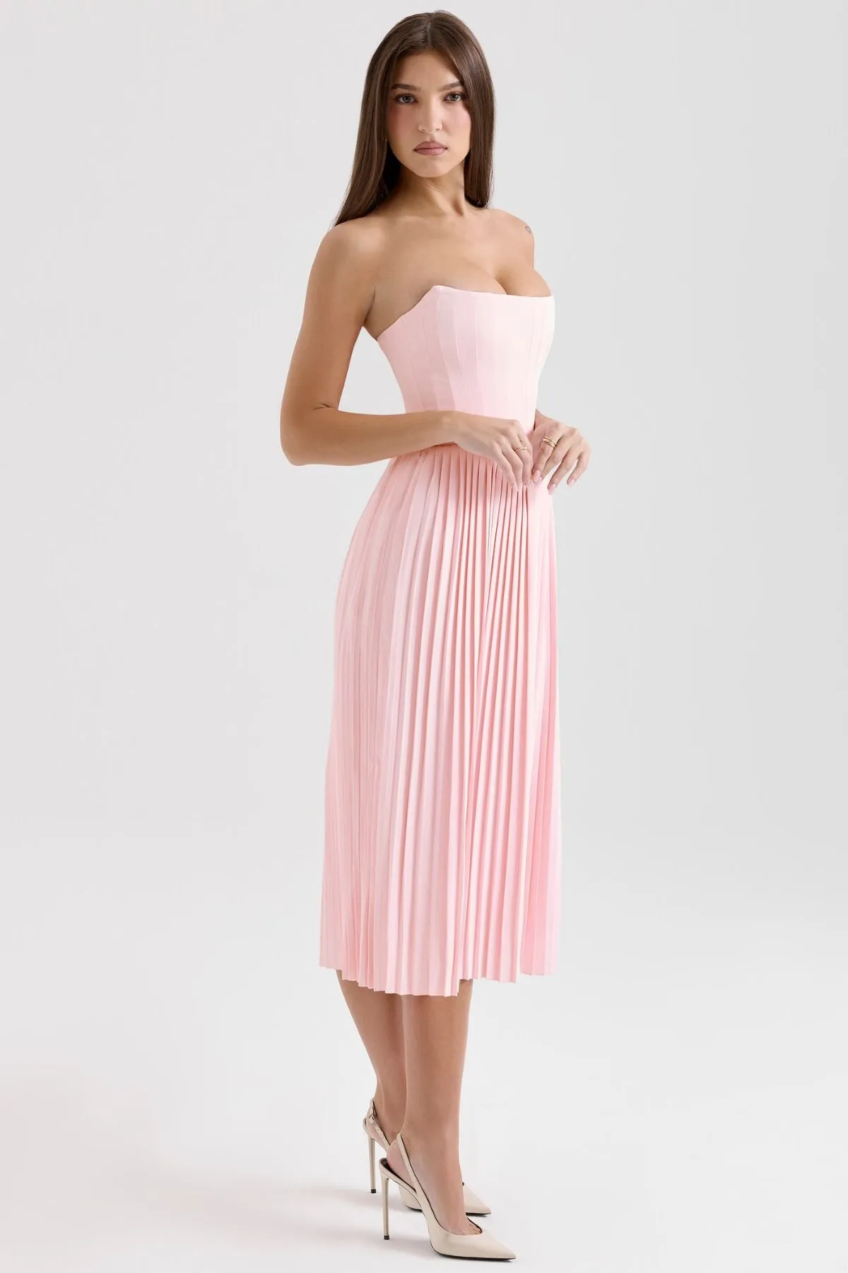HOUSE OF CB Marci Pink Pleated Midi Corset Dress