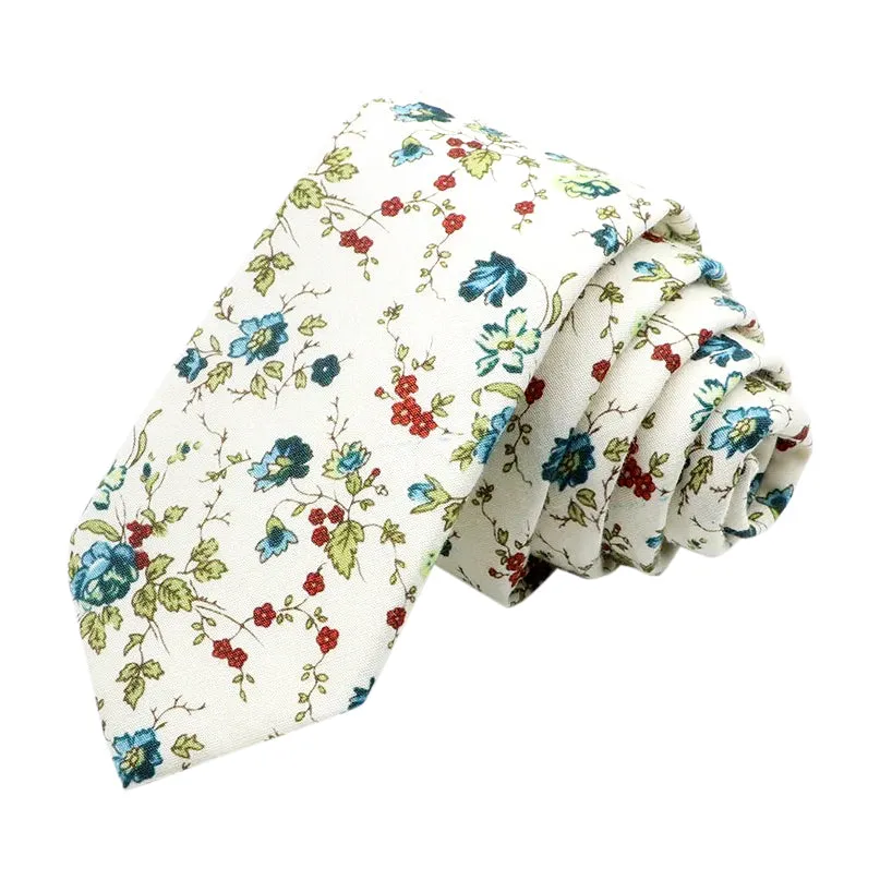 Hugh Cream, Red & Blue Floral Cotton Tie and Gilbert Emerald Green Cotton Pocket Square Set