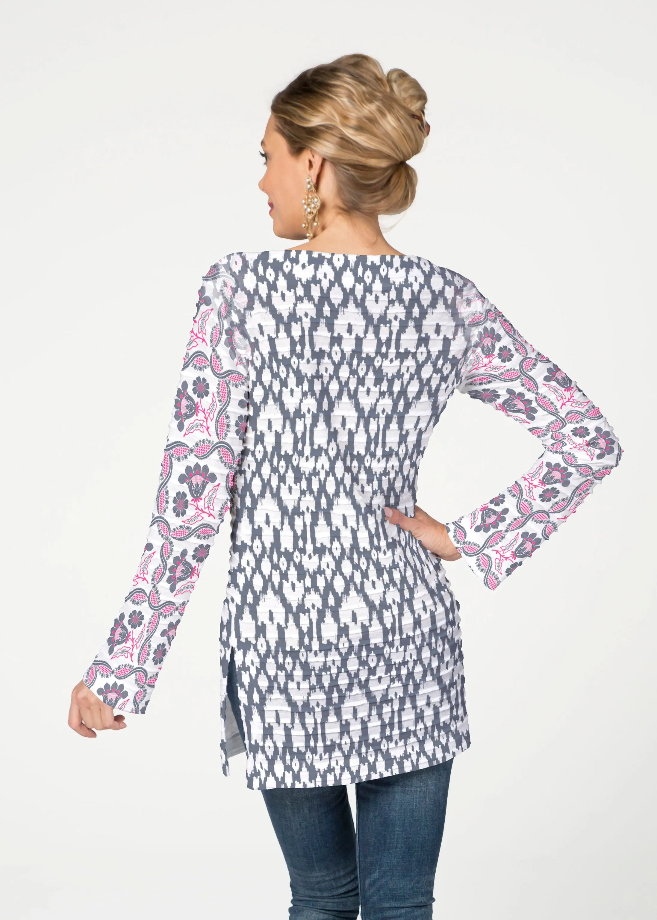 Ikat Lattice Pink (7975) ~ Banded Boatneck Tunic