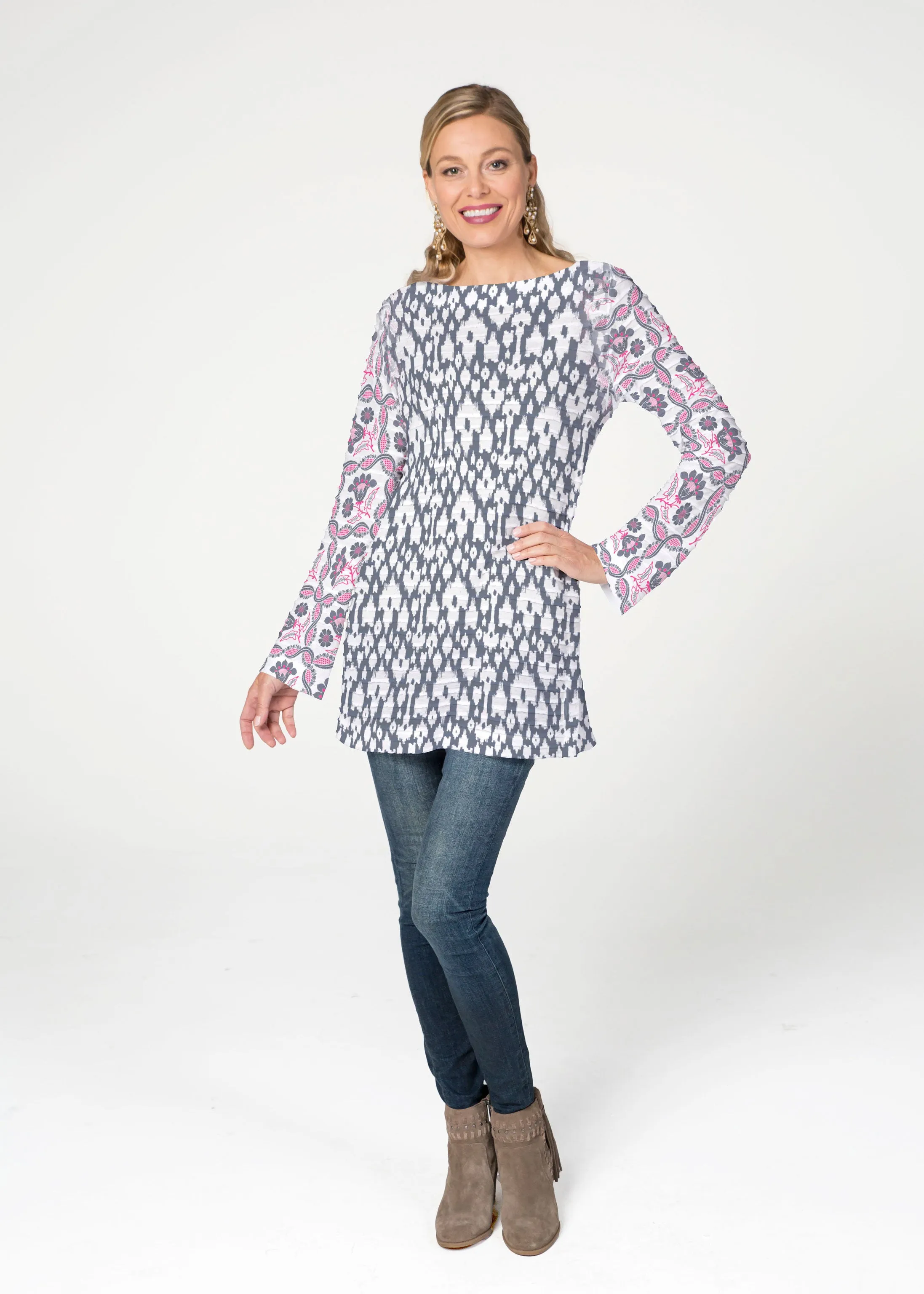 Ikat Lattice Pink (7975) ~ Banded Boatneck Tunic