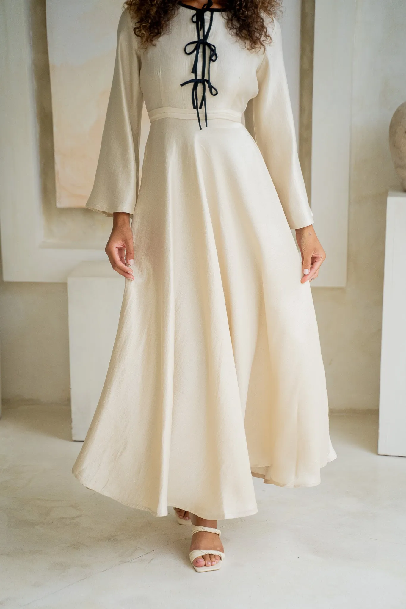 Ivory Cream Satin Tiered Bow Maxi Dress