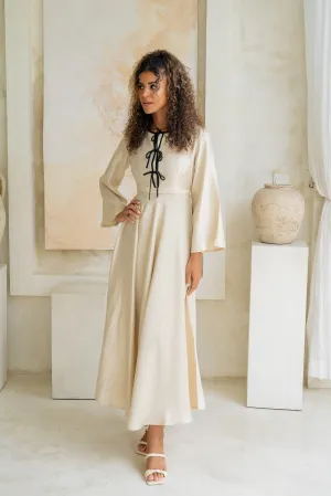 Ivory Cream Satin Tiered Bow Maxi Dress