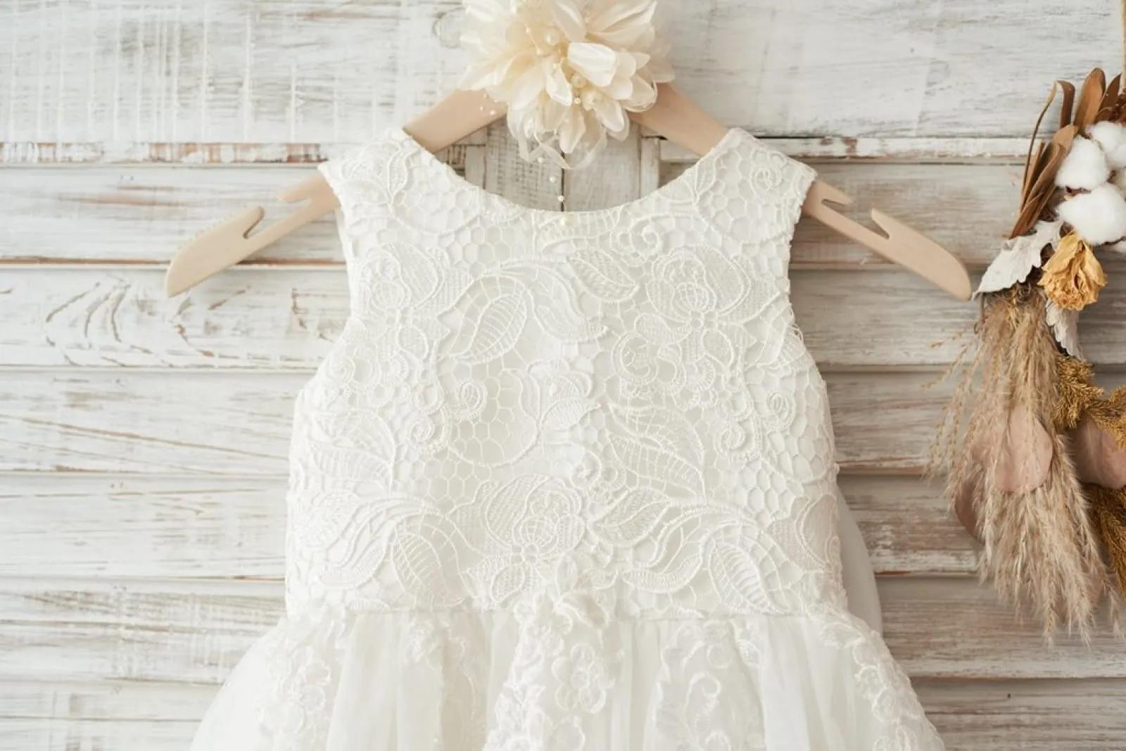 Ivory Lace Tulle Wedding Flower Girl Dress, Big Bow