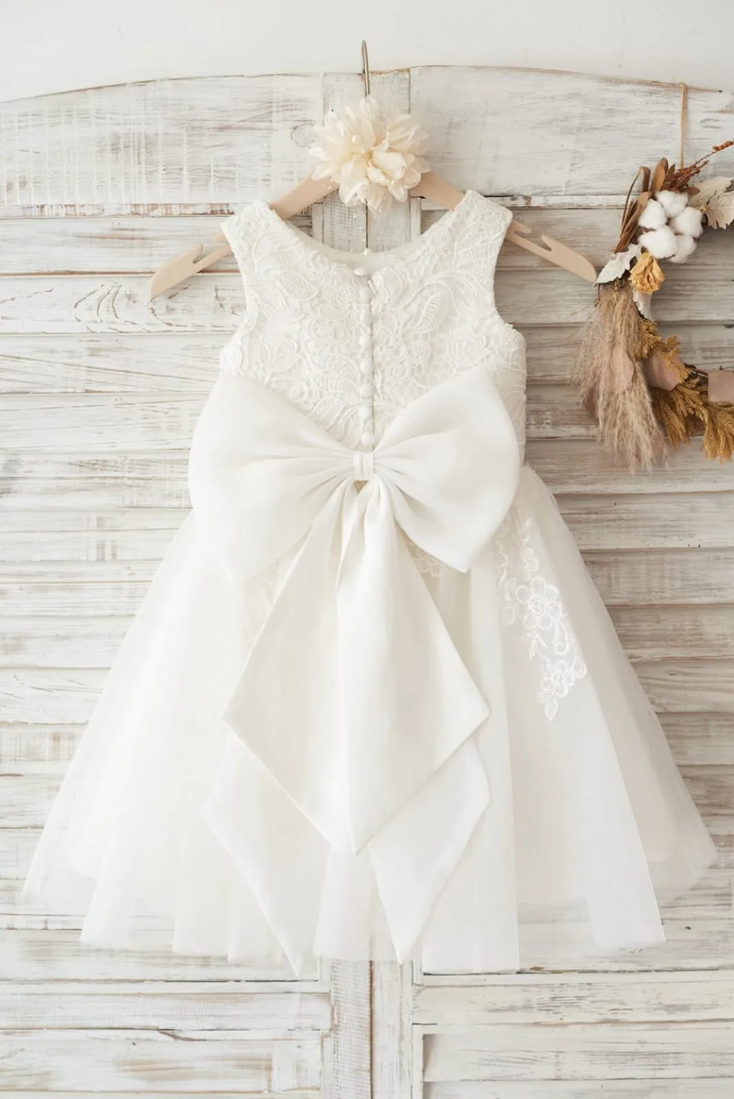 Ivory Lace Tulle Wedding Flower Girl Dress, Big Bow