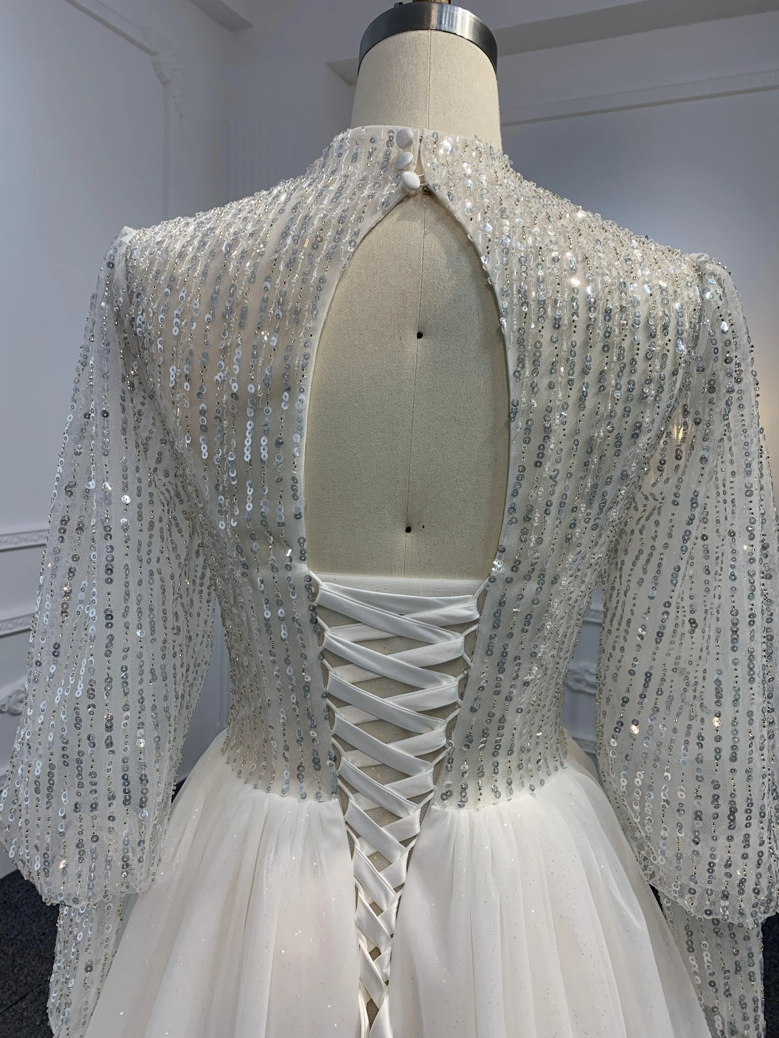J30-Sequins A-line Long Sleeve Dress With Long Train