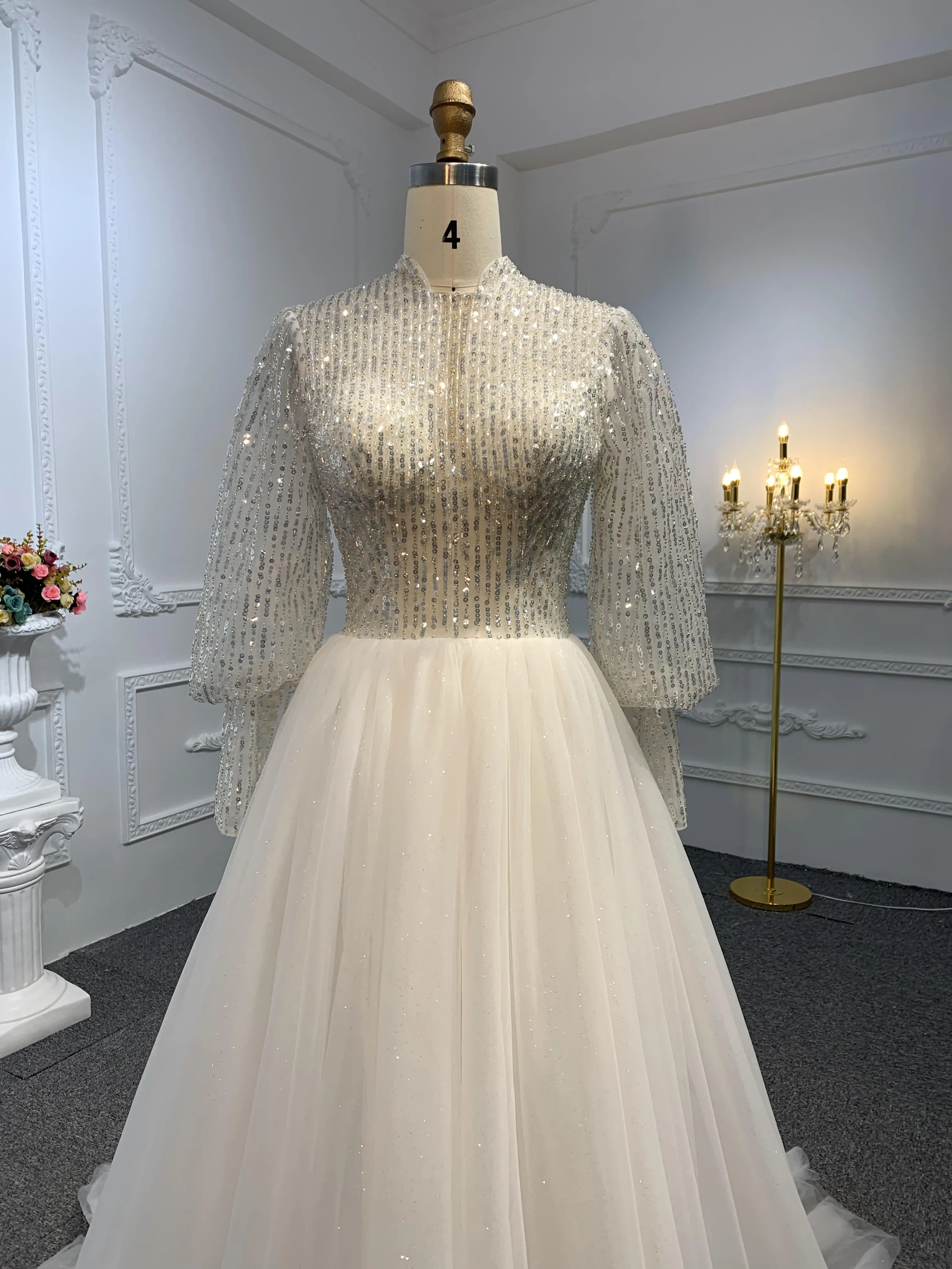 J30-Sequins A-line Long Sleeve Dress With Long Train