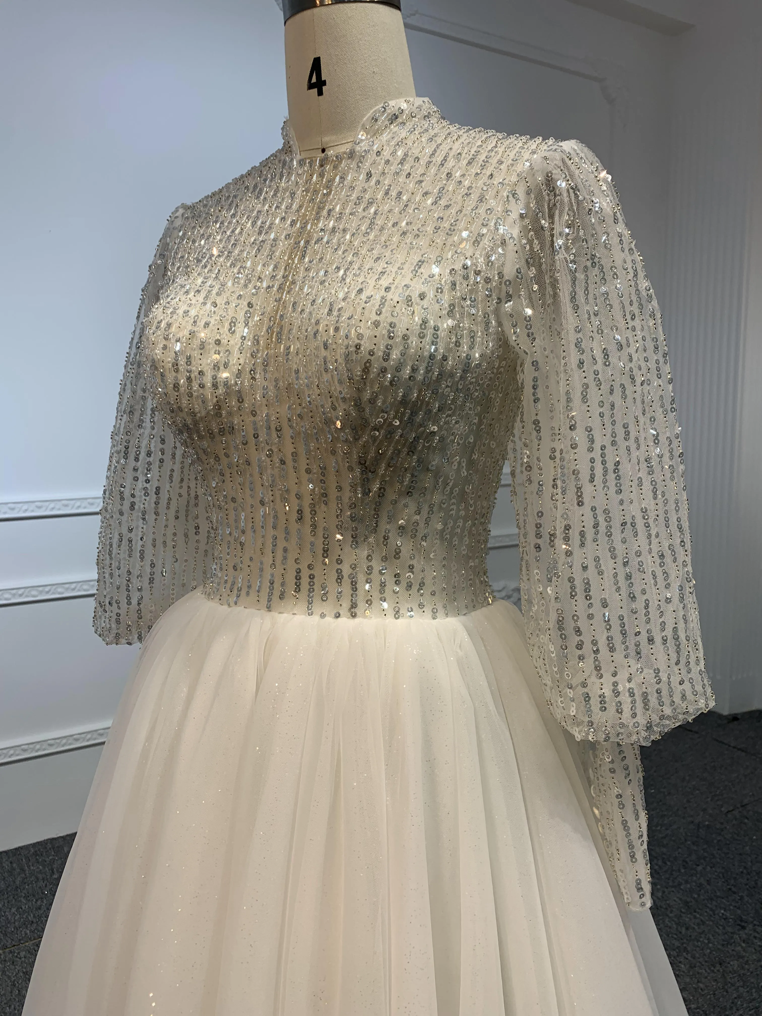 J30-Sequins A-line Long Sleeve Dress With Long Train