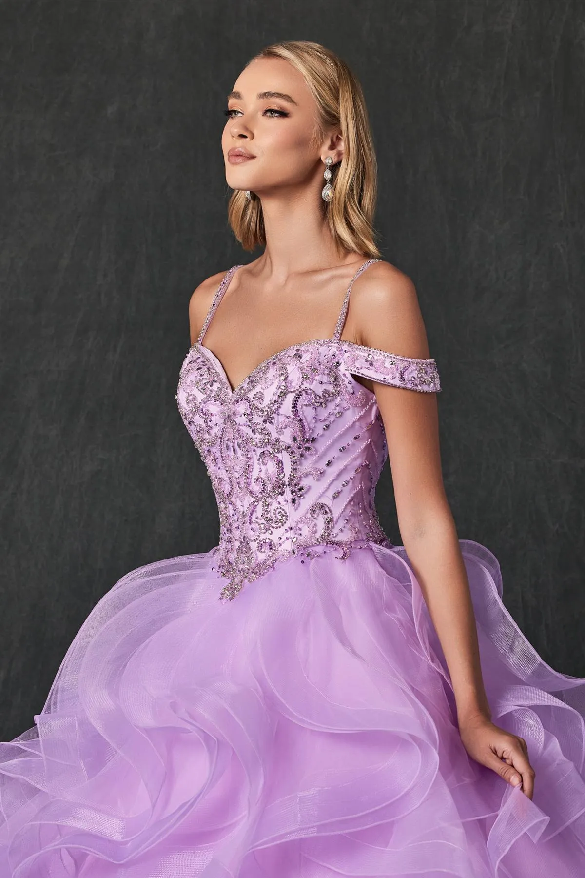 Juliet 1421 Cinderella Ball Gown Ruffled Tulle Cold Shoulder Embroidered Bodice