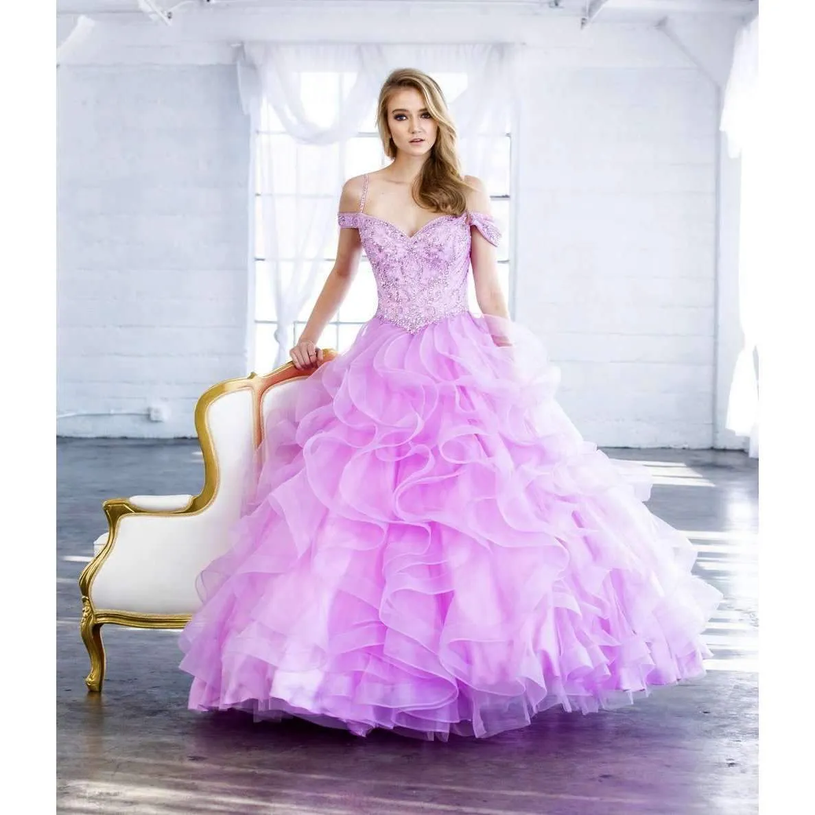 Juliet 1421 Cinderella Ball Gown Ruffled Tulle Cold Shoulder Embroidered Bodice