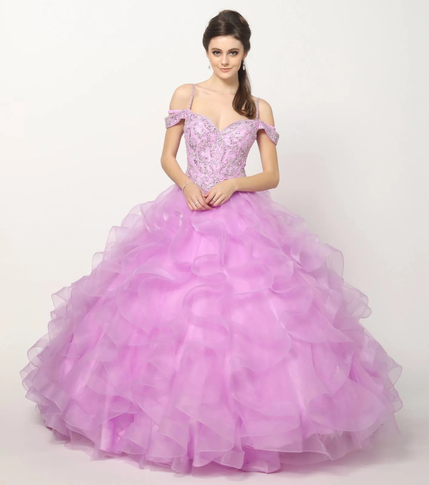 Juliet 1421 Cinderella Ball Gown Ruffled Tulle Cold Shoulder Embroidered Bodice