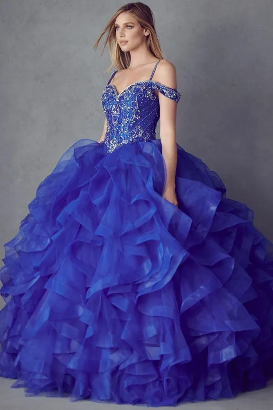 Juliet 1421 Cinderella Ball Gown Ruffled Tulle Cold Shoulder Embroidered Bodice