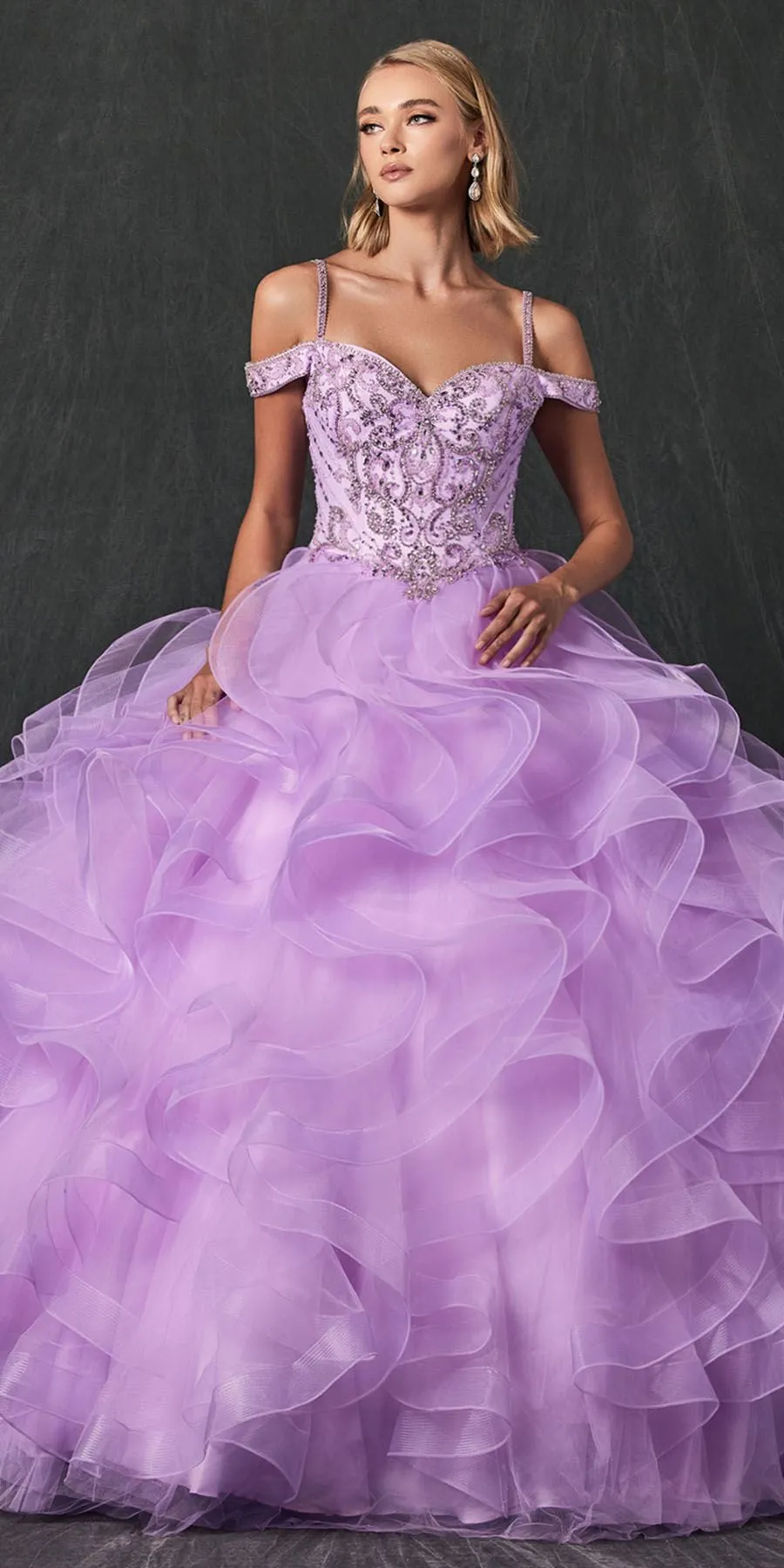 Juliet 1421 Cinderella Ball Gown Ruffled Tulle Cold Shoulder Embroidered Bodice