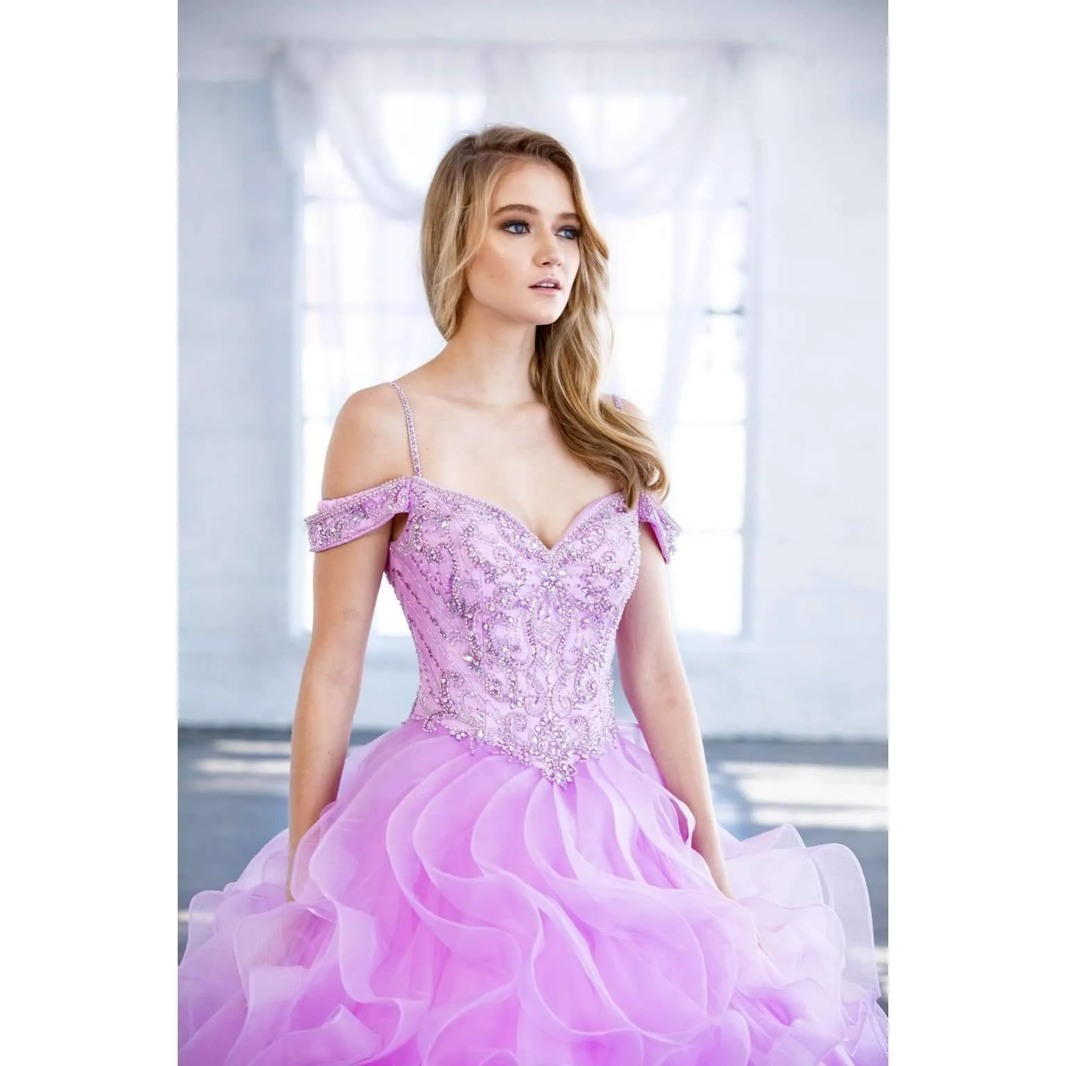 Juliet 1421 Cinderella Ball Gown Ruffled Tulle Cold Shoulder Embroidered Bodice