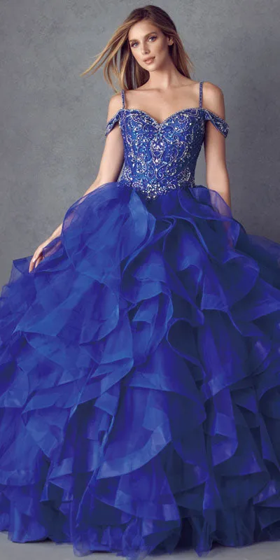 Juliet 1421 Cinderella Ball Gown Ruffled Tulle Cold Shoulder Embroidered Bodice