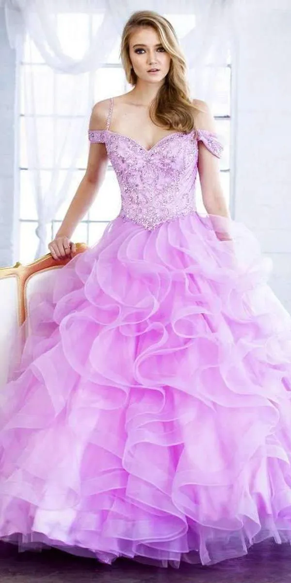 Juliet 1421 Cinderella Ball Gown Ruffled Tulle Cold Shoulder Embroidered Bodice