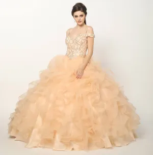 Juliet 1421 Cinderella Ball Gown Ruffled Tulle Cold Shoulder Embroidered Bodice