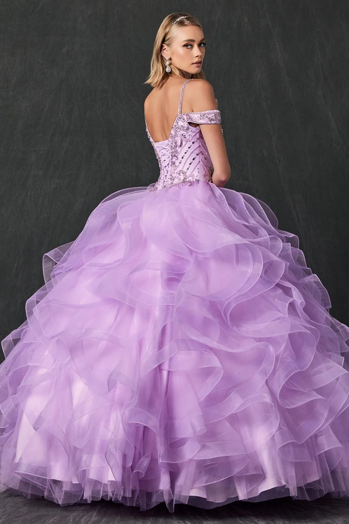 Juliet 1421 Cinderella Ball Gown Ruffled Tulle Cold Shoulder Embroidered Bodice