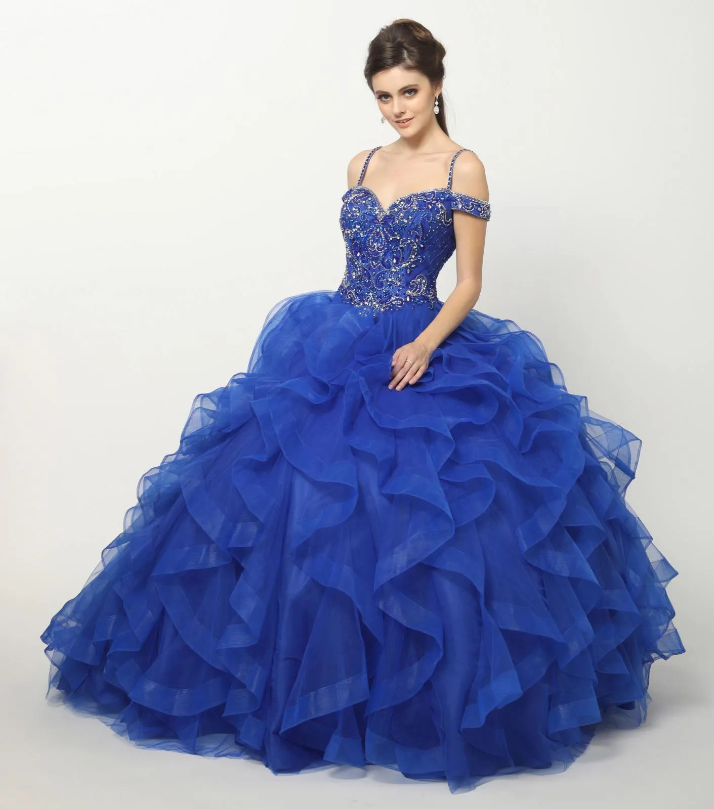 Juliet 1421 Cinderella Ball Gown Ruffled Tulle Cold Shoulder Embroidered Bodice