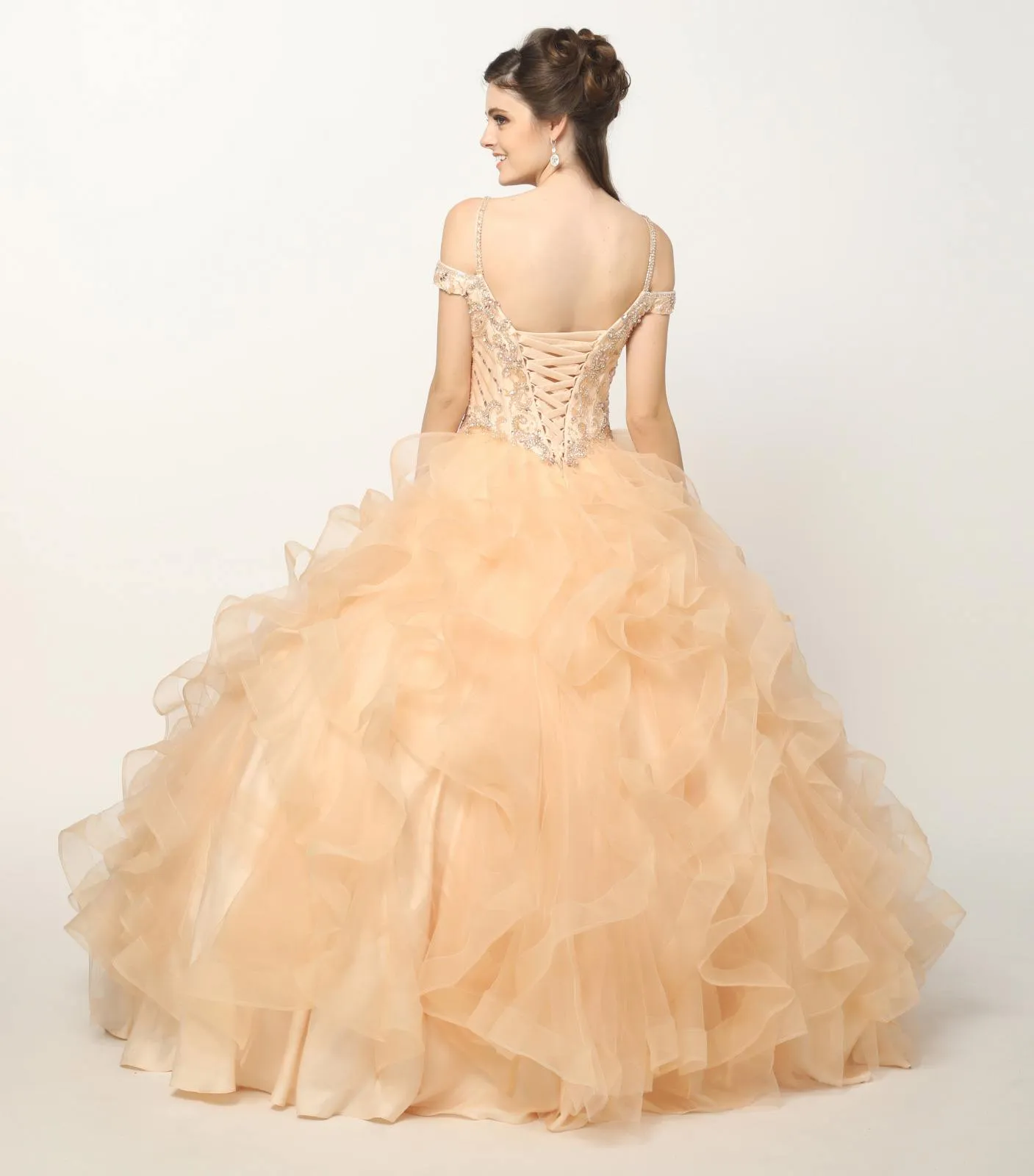Juliet 1421 Cinderella Ball Gown Ruffled Tulle Cold Shoulder Embroidered Bodice