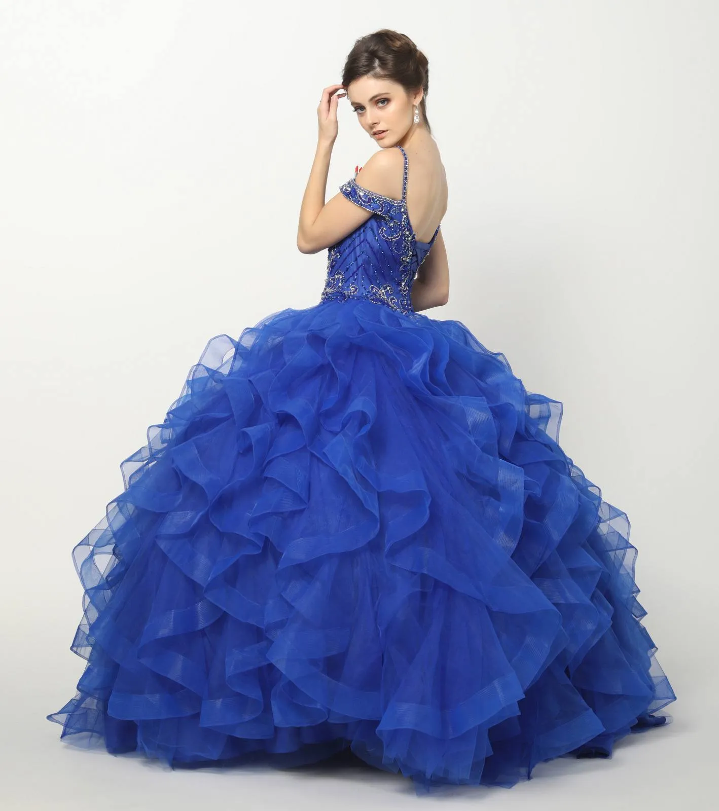 Juliet 1421 Cinderella Ball Gown Ruffled Tulle Cold Shoulder Embroidered Bodice