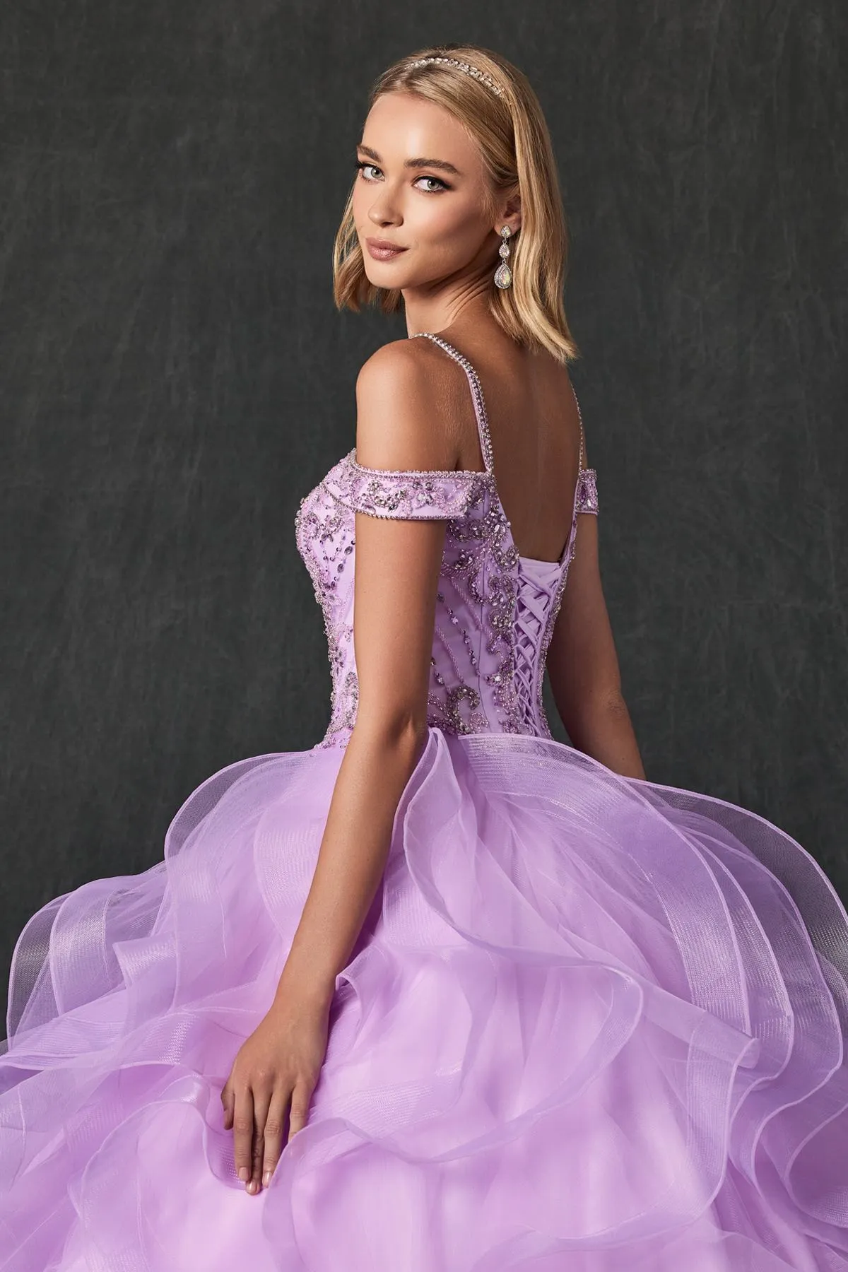 Juliet 1421 Cinderella Ball Gown Ruffled Tulle Cold Shoulder Embroidered Bodice