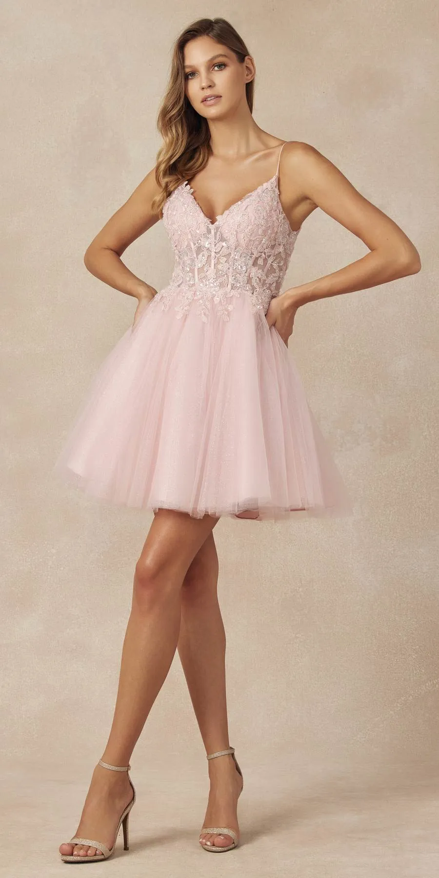 Juliet 863 Glitter Tulle A-Line Beaded Sheer Bodice Short Dress