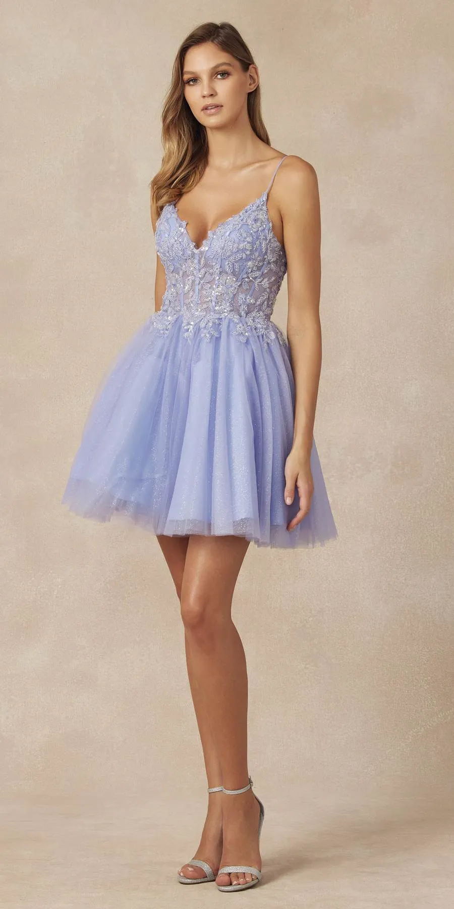 Juliet 863 Glitter Tulle A-Line Beaded Sheer Bodice Short Dress
