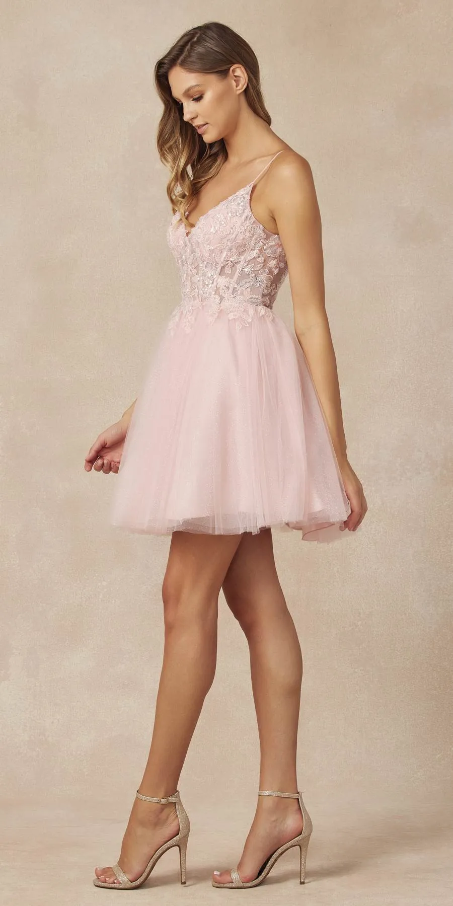 Juliet 863 Glitter Tulle A-Line Beaded Sheer Bodice Short Dress