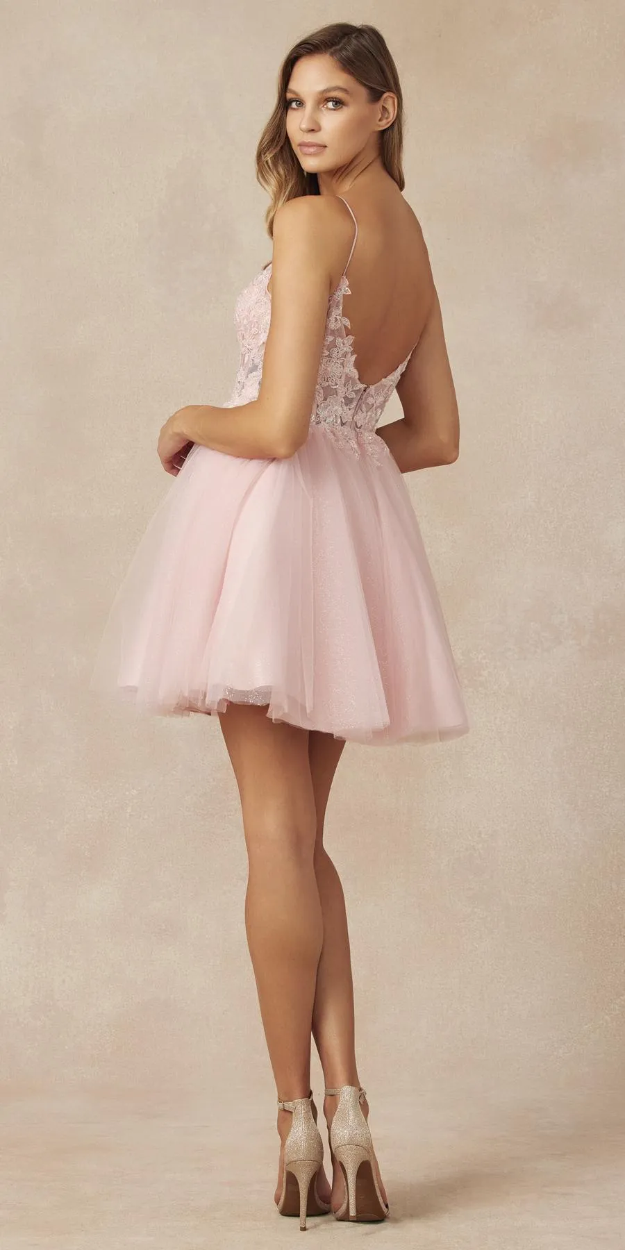 Juliet 863 Glitter Tulle A-Line Beaded Sheer Bodice Short Dress