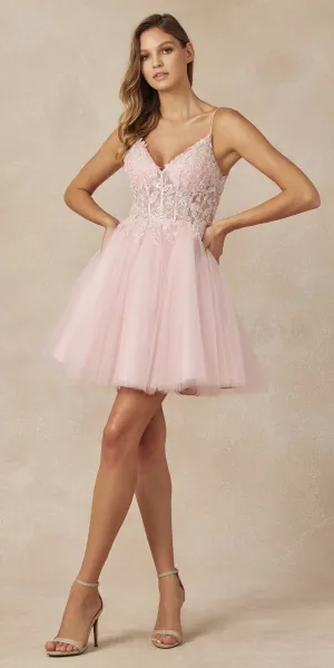 Juliet 863 Glitter Tulle A-Line Beaded Sheer Bodice Short Dress