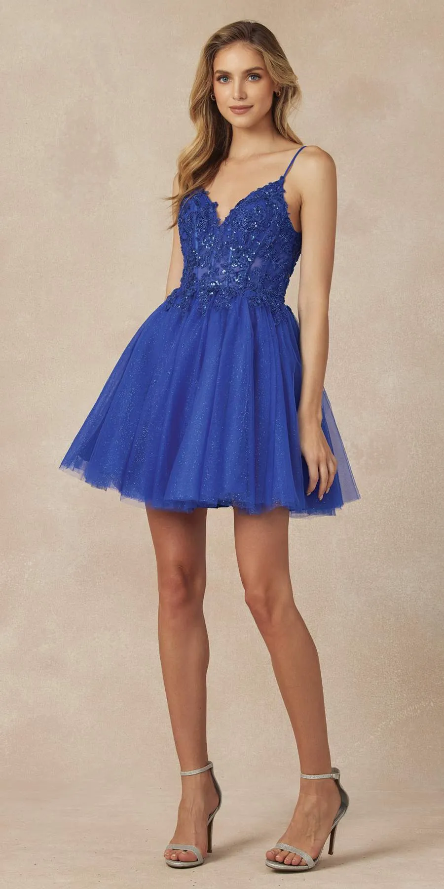 Juliet 863 Glitter Tulle A-Line Beaded Sheer Bodice Short Dress