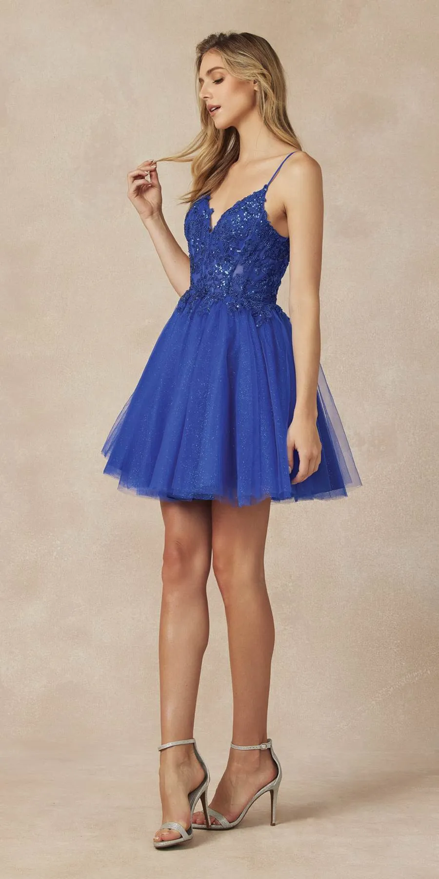 Juliet 863 Glitter Tulle A-Line Beaded Sheer Bodice Short Dress