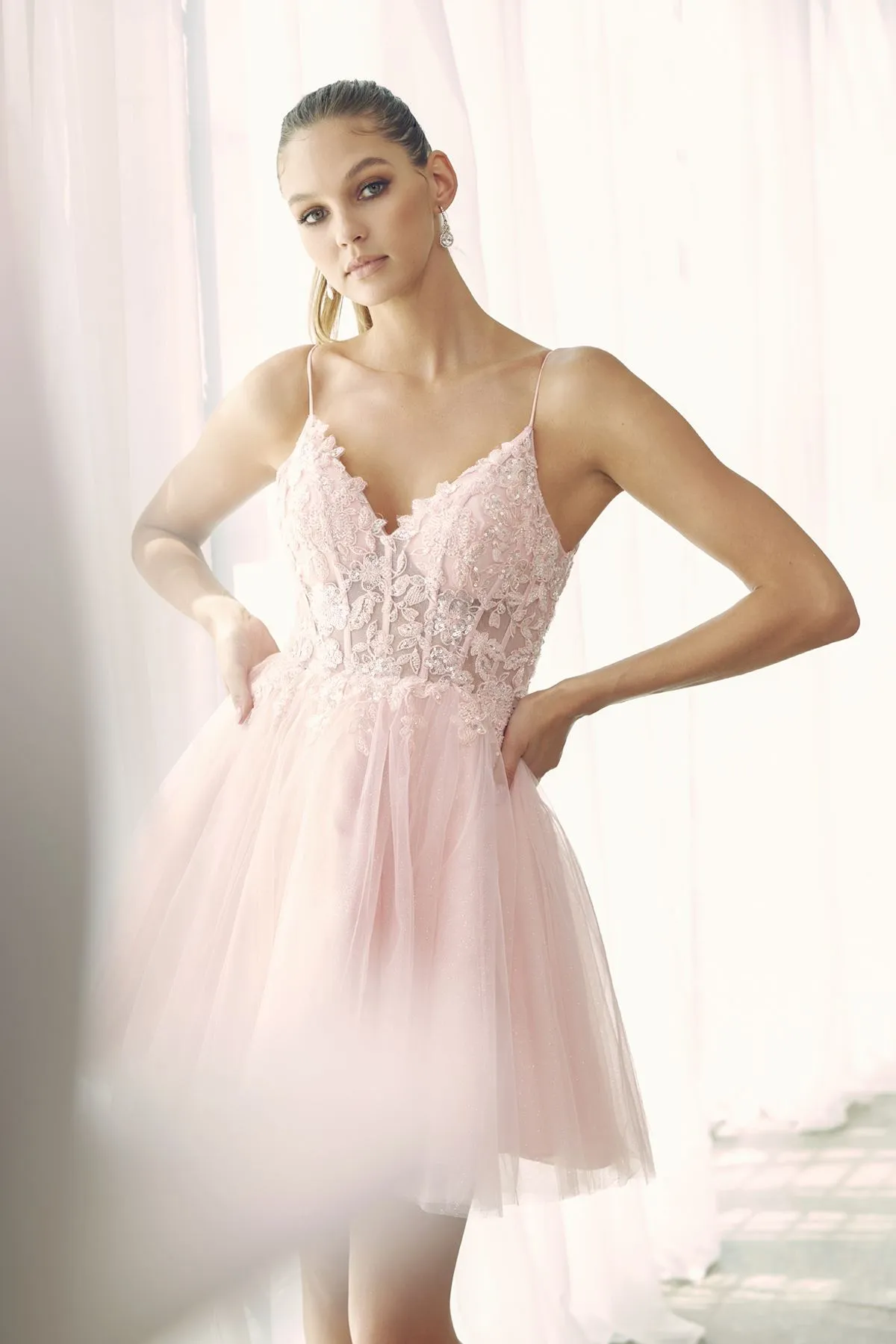 Juliet 863 Glitter Tulle A-Line Beaded Sheer Bodice Short Dress