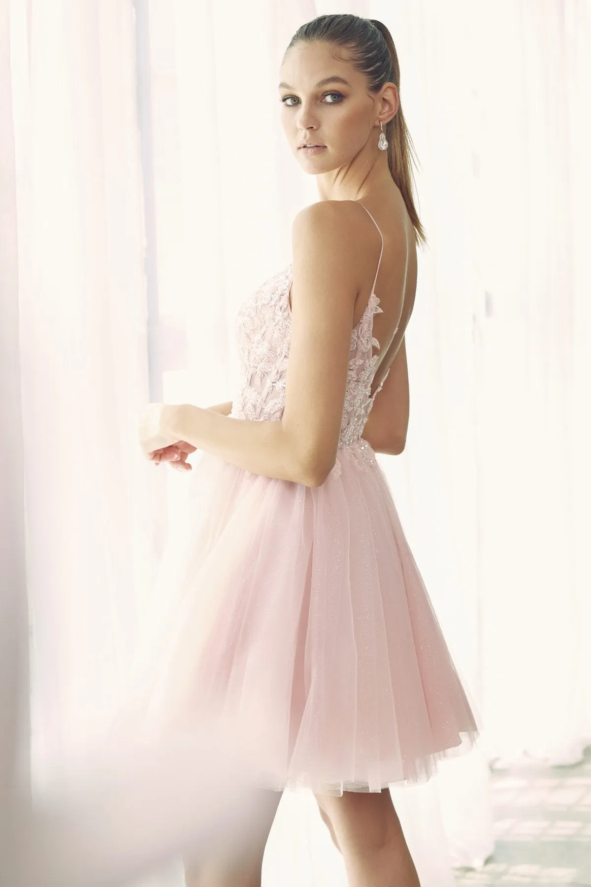 Juliet 863 Glitter Tulle A-Line Beaded Sheer Bodice Short Dress
