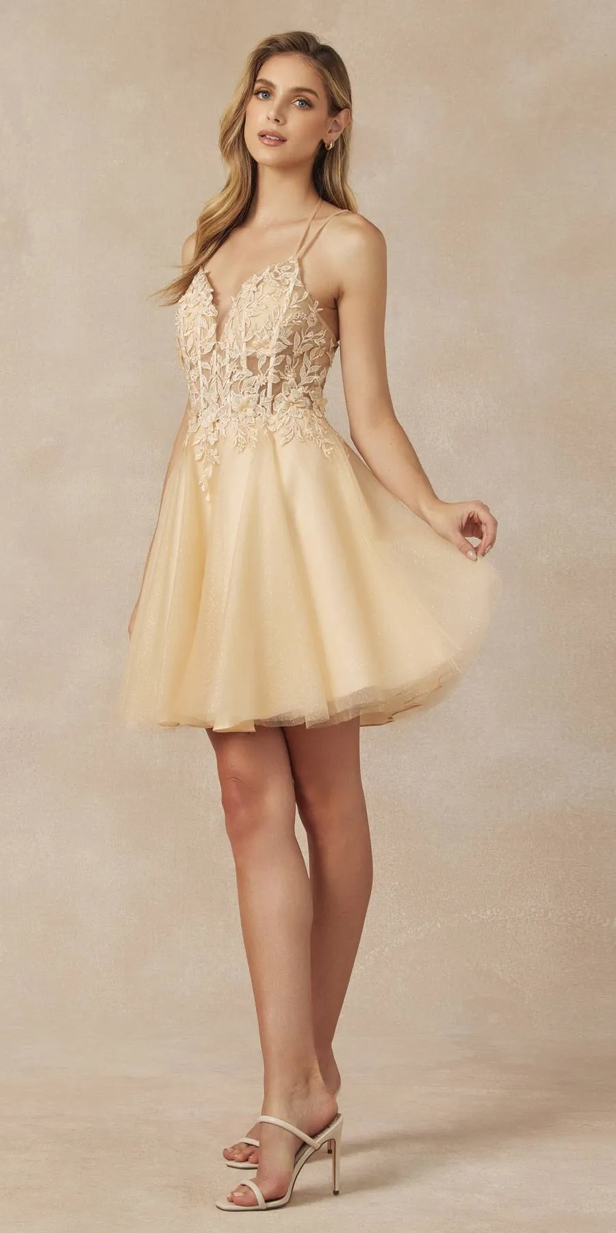 Juliet 864 Leaf Lace Embroidered Bodice Glitter Tulle Dress