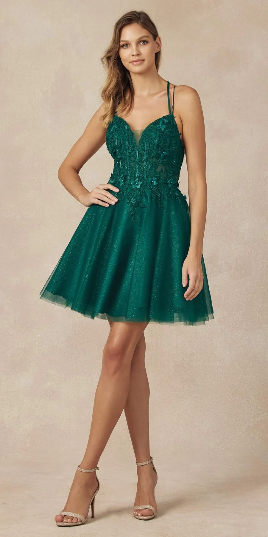 Juliet 864 Leaf Lace Embroidered Bodice Glitter Tulle Dress