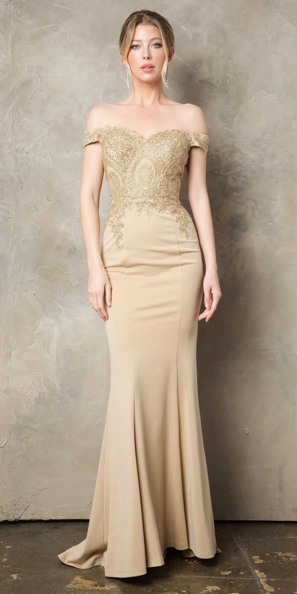 Juno 932 Off-Shoulder Embroidered Top Appliqued Long Dress