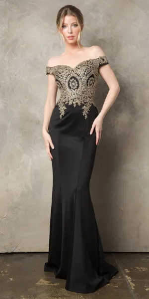 Juno 932 Off-Shoulder Embroidered Top Appliqued Long Dress