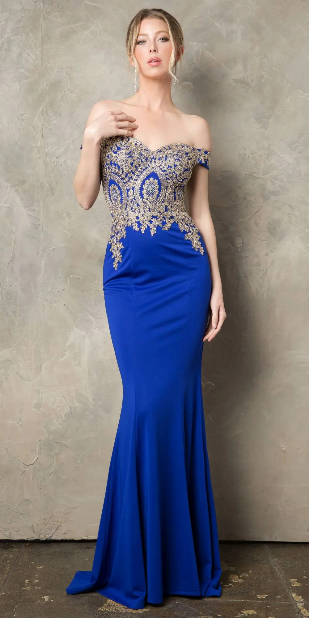 Juno 932 Off-Shoulder Embroidered Top Appliqued Long Dress