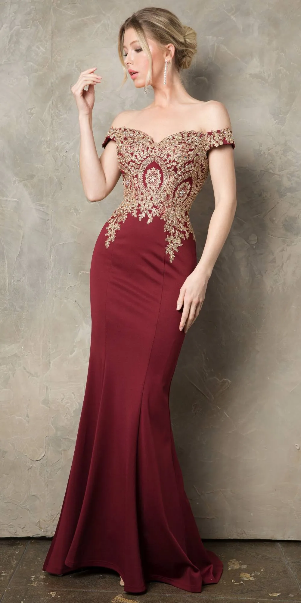 Juno 932 Off-Shoulder Embroidered Top Appliqued Long Dress