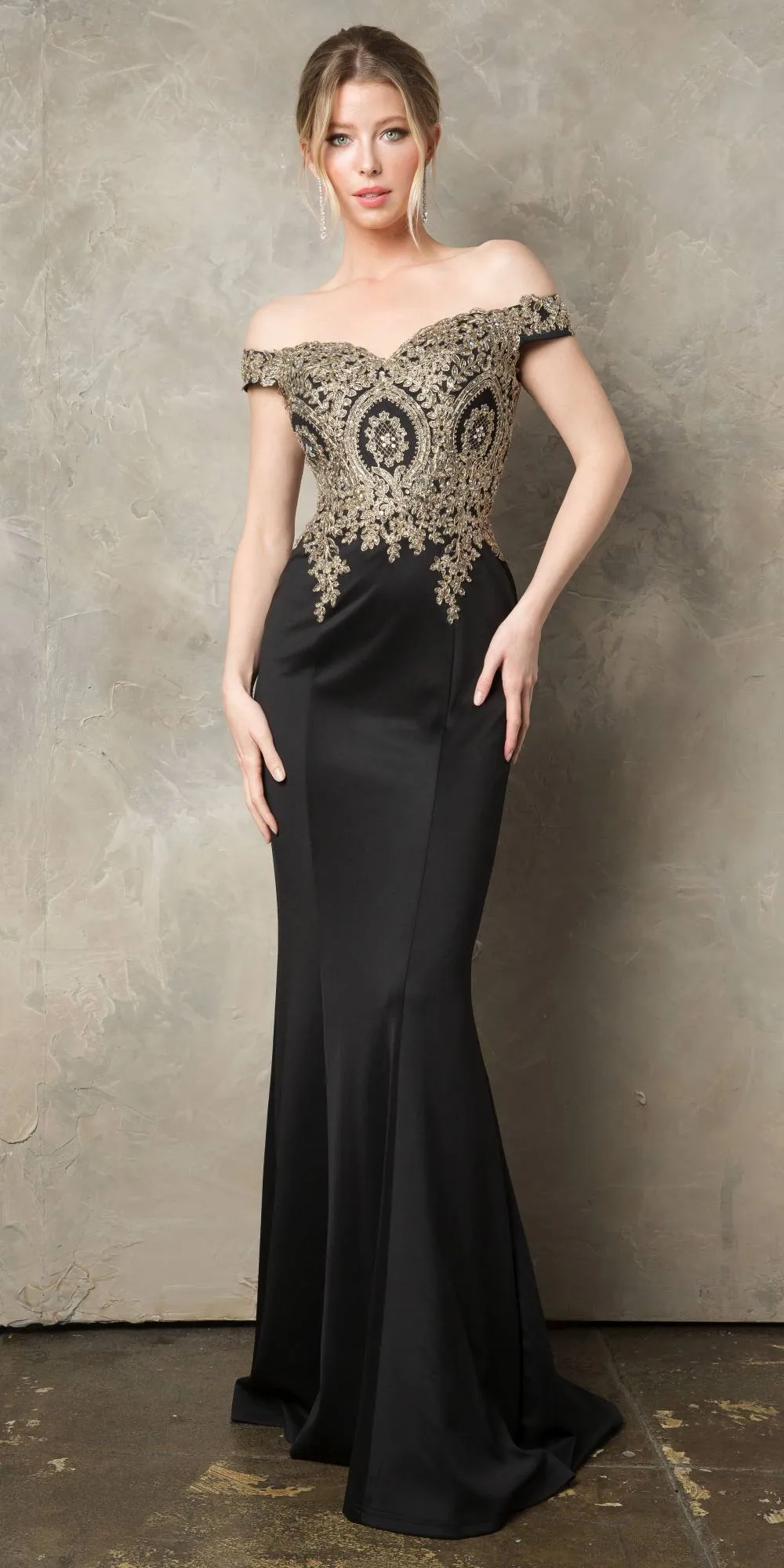 Juno 932 Off-Shoulder Embroidered Top Appliqued Long Dress