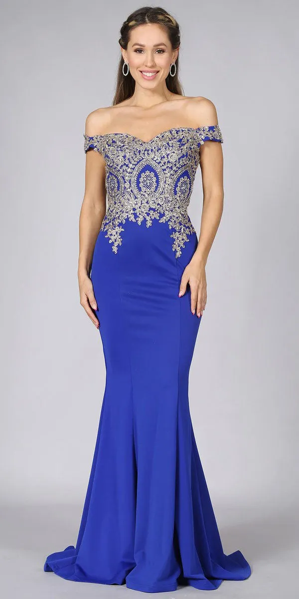 Juno 932 Off-Shoulder Embroidered Top Appliqued Long Dress