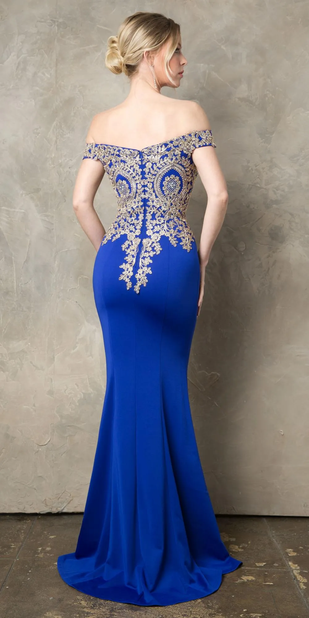Juno 932 Off-Shoulder Embroidered Top Appliqued Long Dress