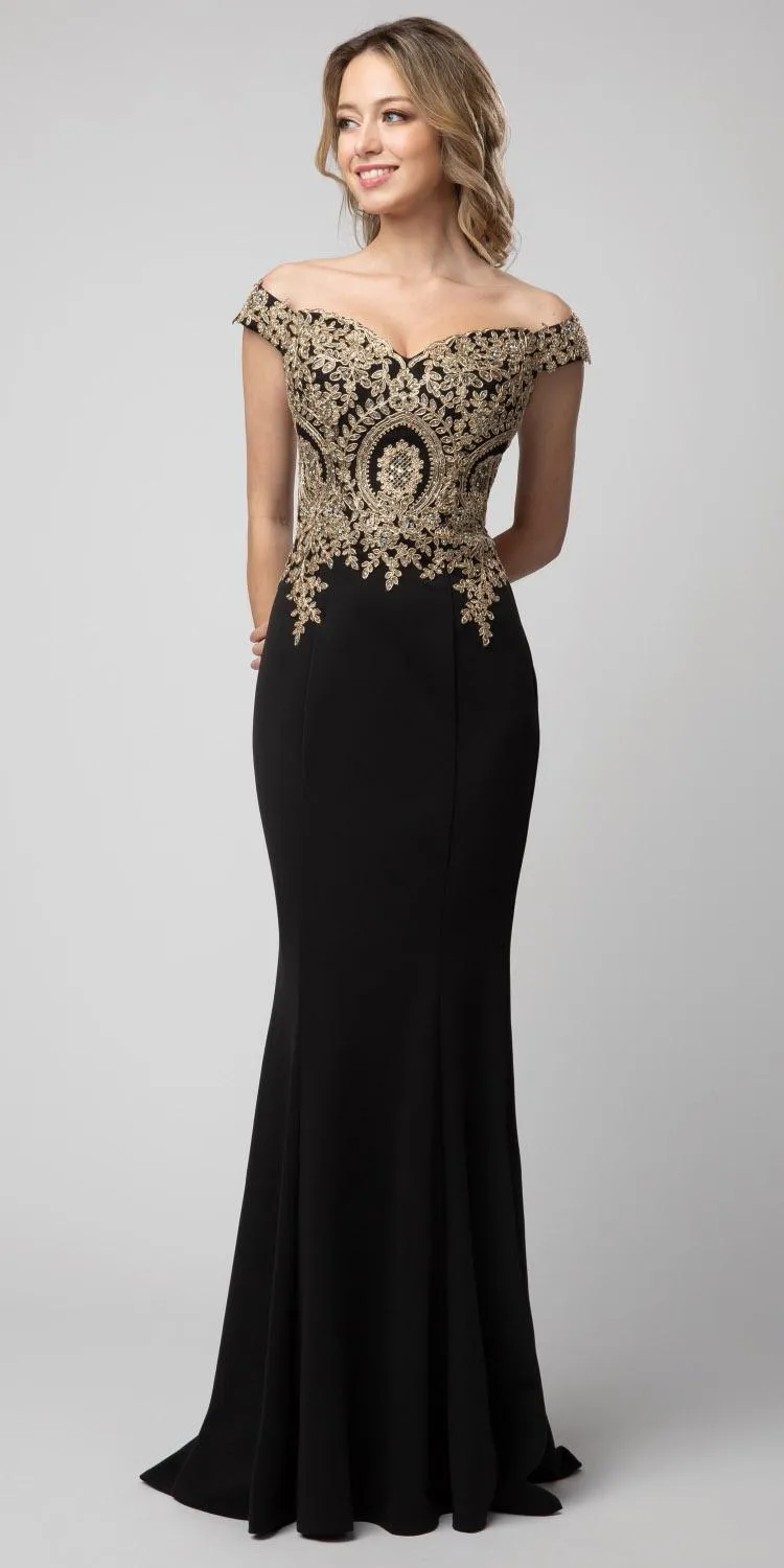 Juno 932 Off-Shoulder Embroidered Top Appliqued Long Dress