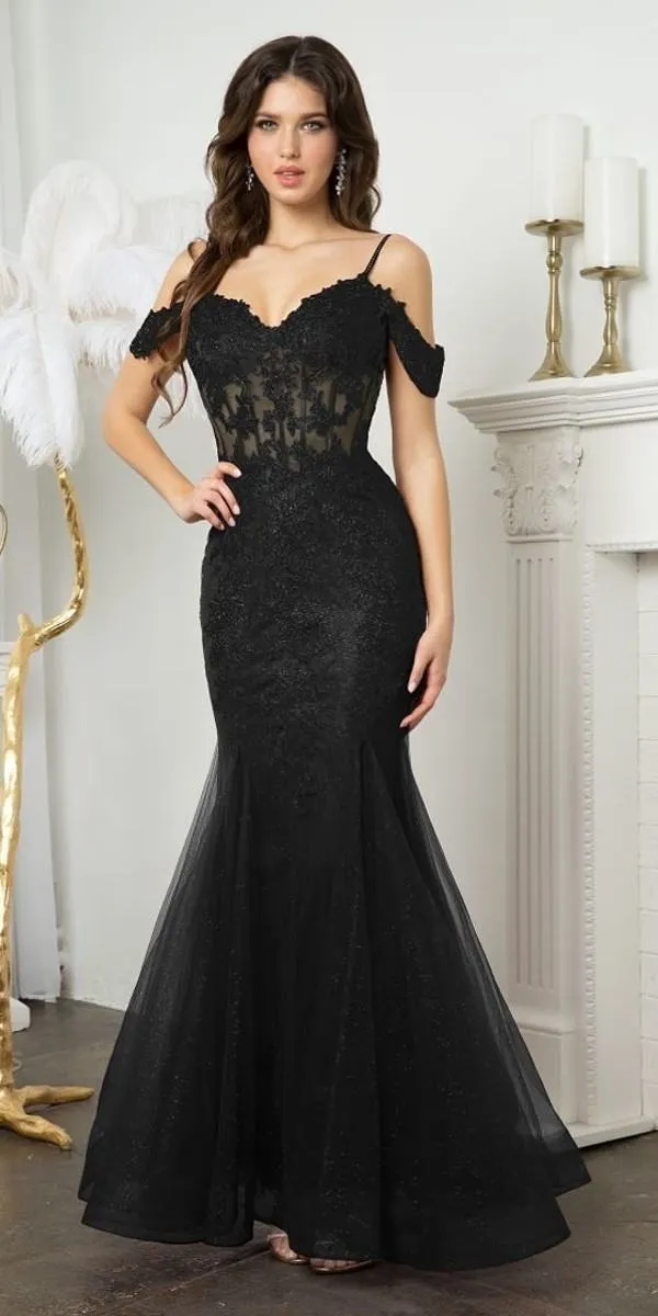 Juno M1018 Floor Length Fitted Mermaid Gown Embroidered Lace Applique