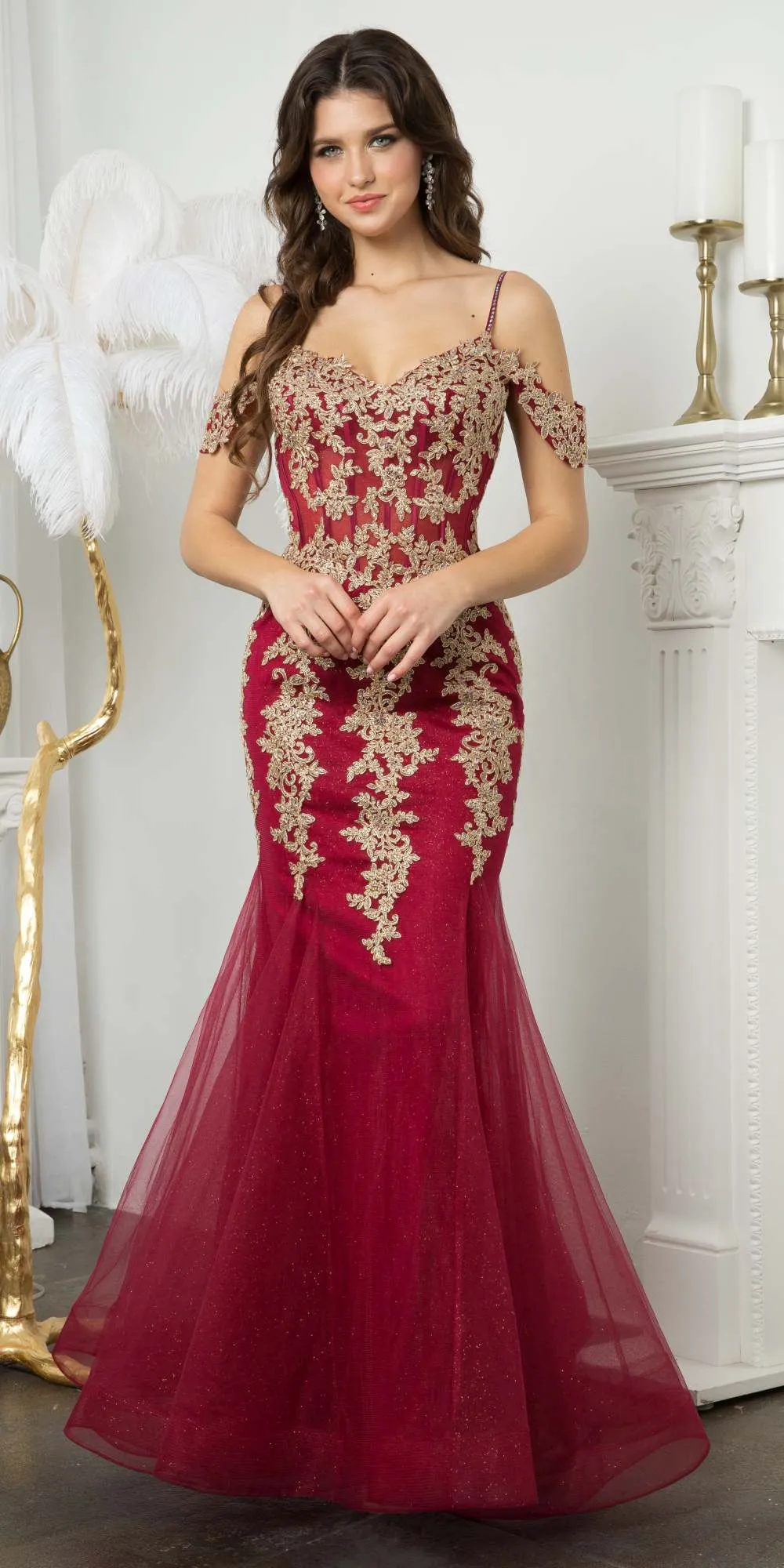 Juno M1018 Floor Length Fitted Mermaid Gown Embroidered Lace Applique