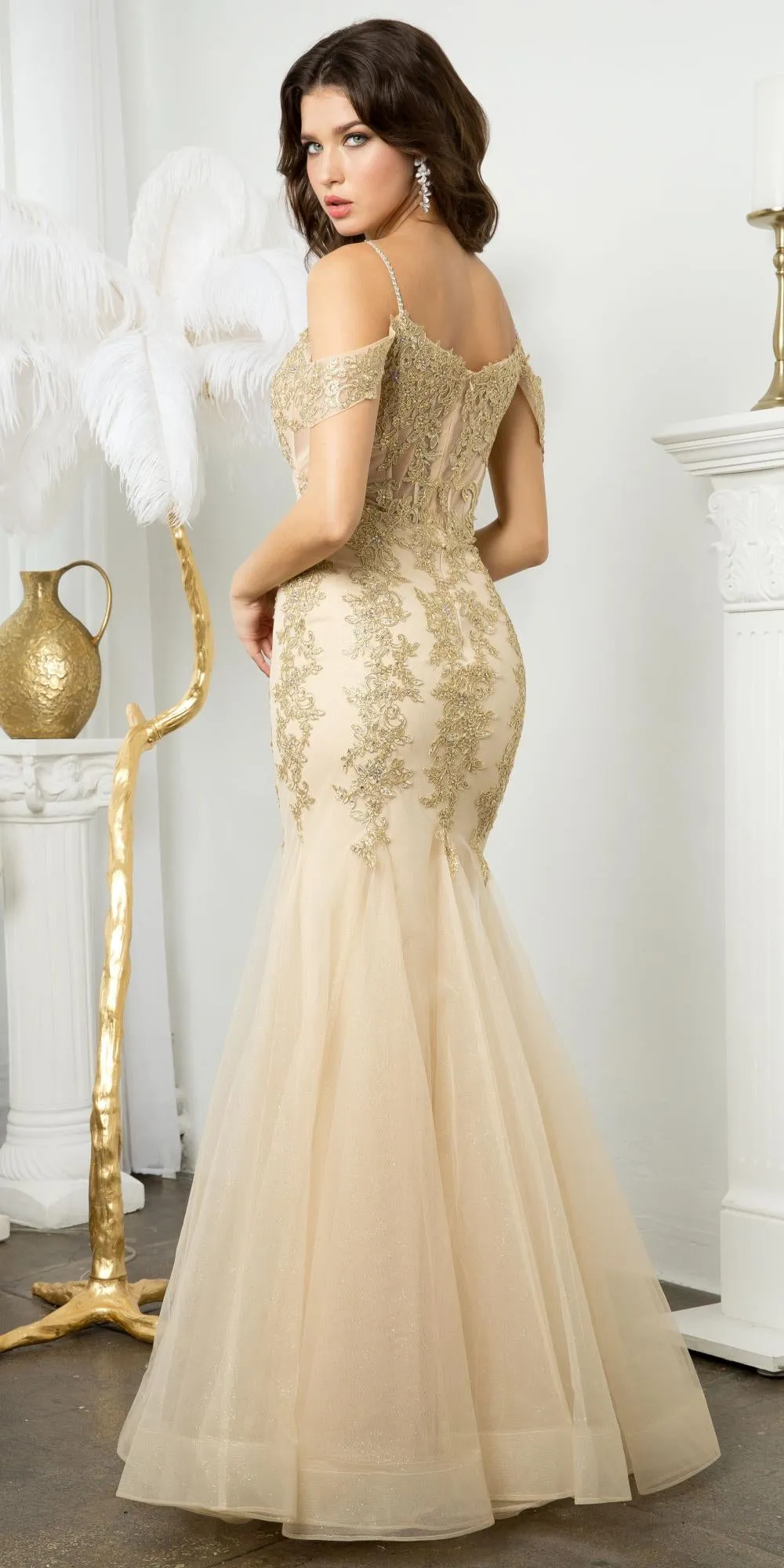 Juno M1018 Floor Length Fitted Mermaid Gown Embroidered Lace Applique